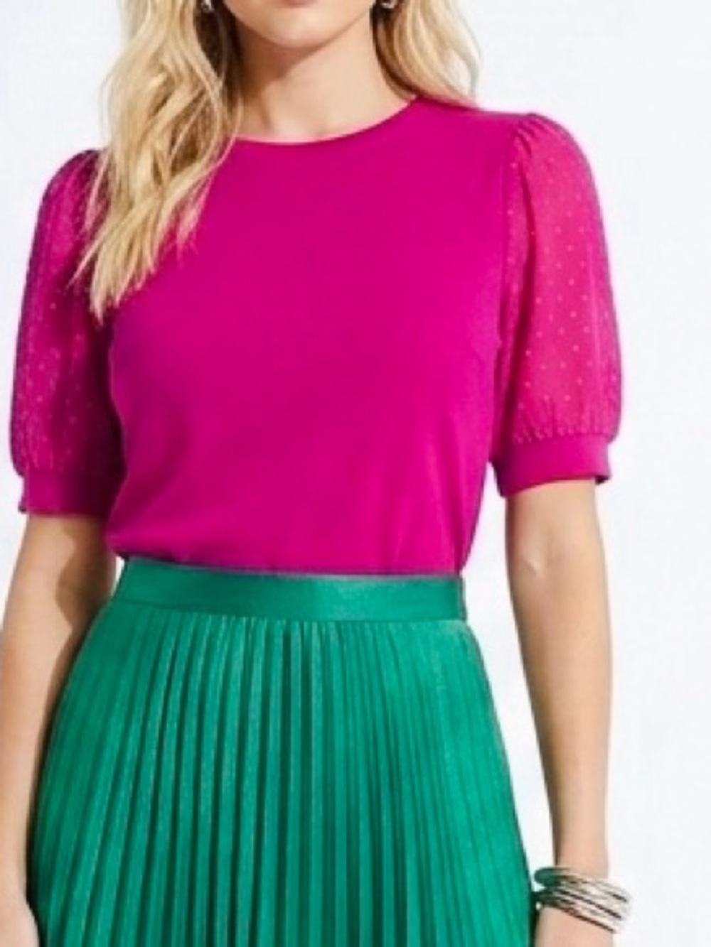 CECE Hot Pink Puff-Sleeve Blouse w Sheer Dot Sleeves Lightweight Top